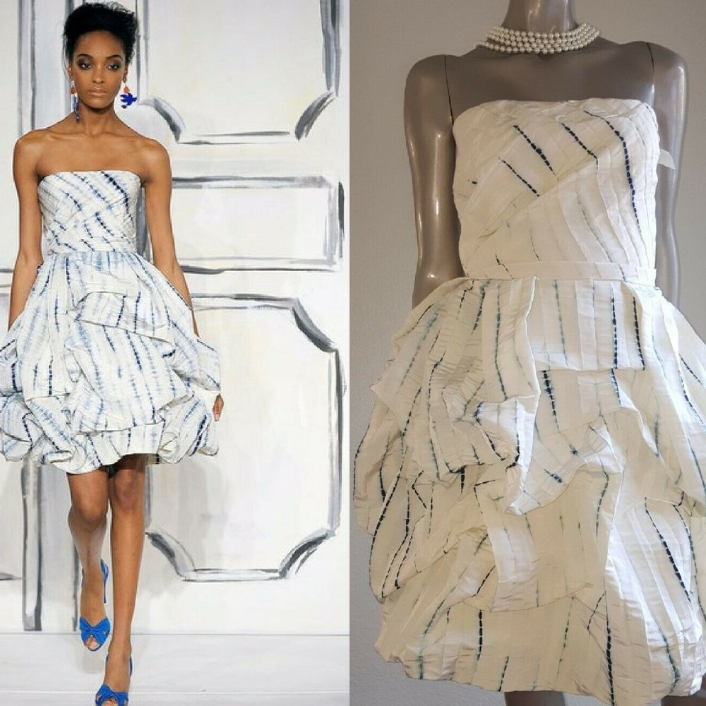 $3,690 NEW OSCAR DE LA RENTA STUNNING IVORY BLUE BUBBLE RUNWAY DRESS 10